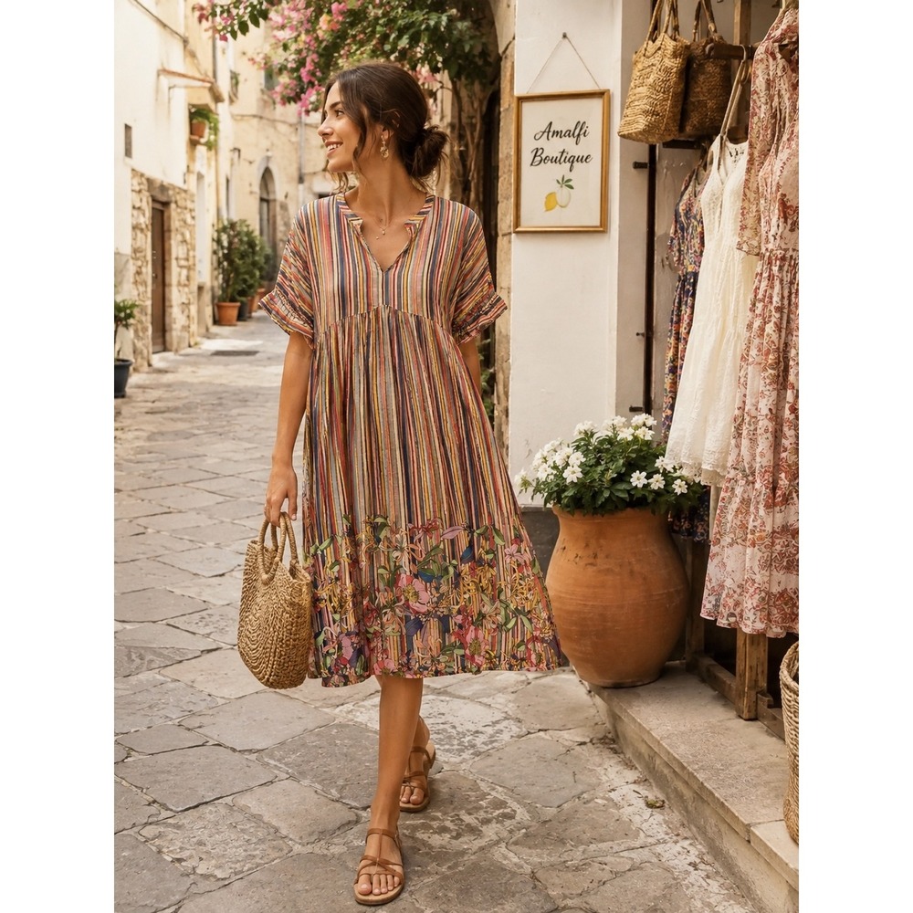 Johnny Was Midi Dress Womens XL Multi Color Striped Floral R33924-4